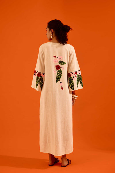 Natural Jute Maxi Dress With Multi Color Floral Thread Embroidery