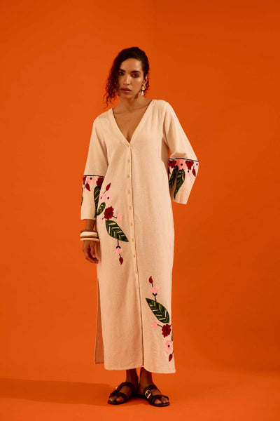 Natural Jute Maxi Dress With Multi Color Floral Thread Embroidery