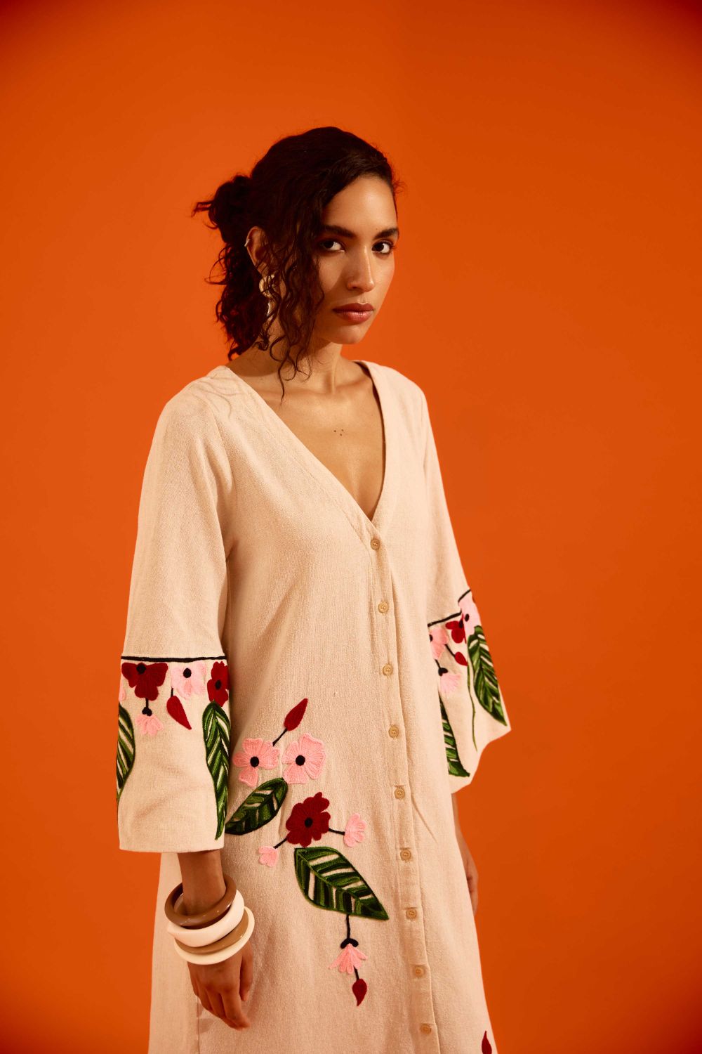 Natural Jute Maxi Dress With Multi Color Floral Thread Embroidery