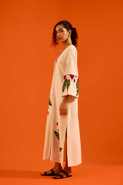 Natural Jute Maxi Dress With Multi Color Floral Thread Embroidery