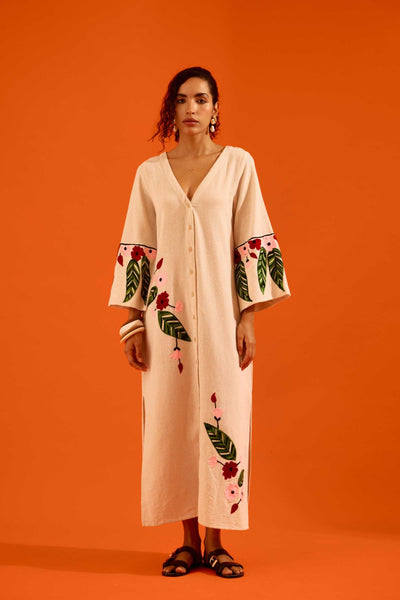 Natural Jute Maxi Dress With Multi Color Floral Thread Embroidery