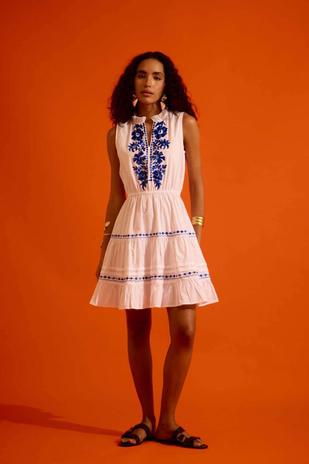 Ivory Tier Mini Dress With Indigo Botanica Thread Embroidery