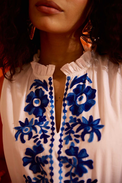 Ivory Tier Mini Dress With Indigo Botanica Thread Embroidery