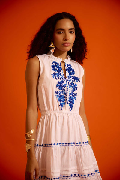 Ivory Tier Mini Dress With Indigo Botanica Thread Embroidery