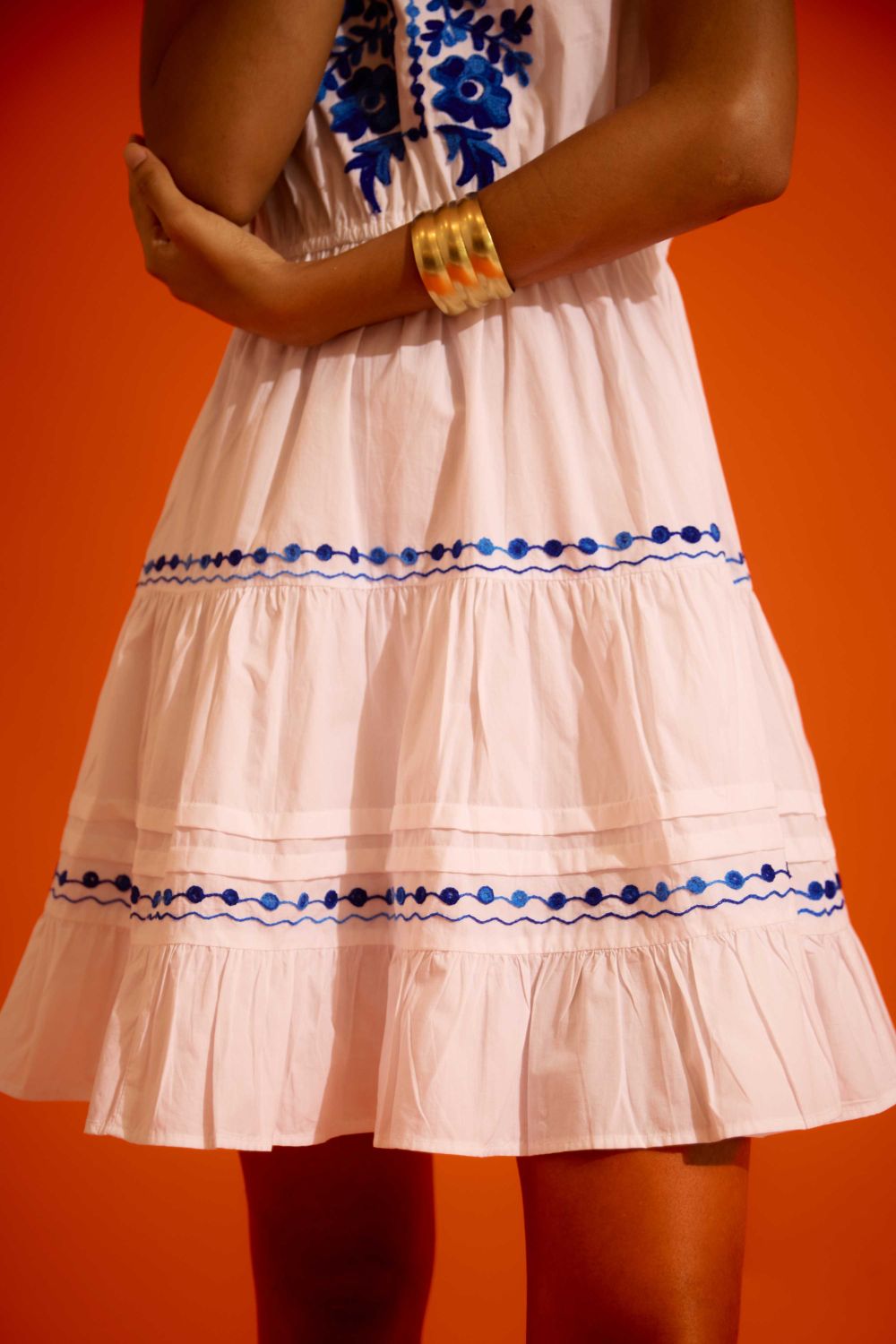Ivory Tier Mini Dress With Indigo Botanica Thread Embroidery