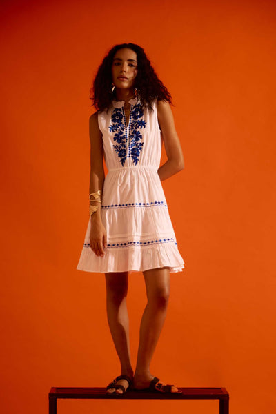 Ivory Tier Mini Dress With Indigo Botanica Thread Embroidery