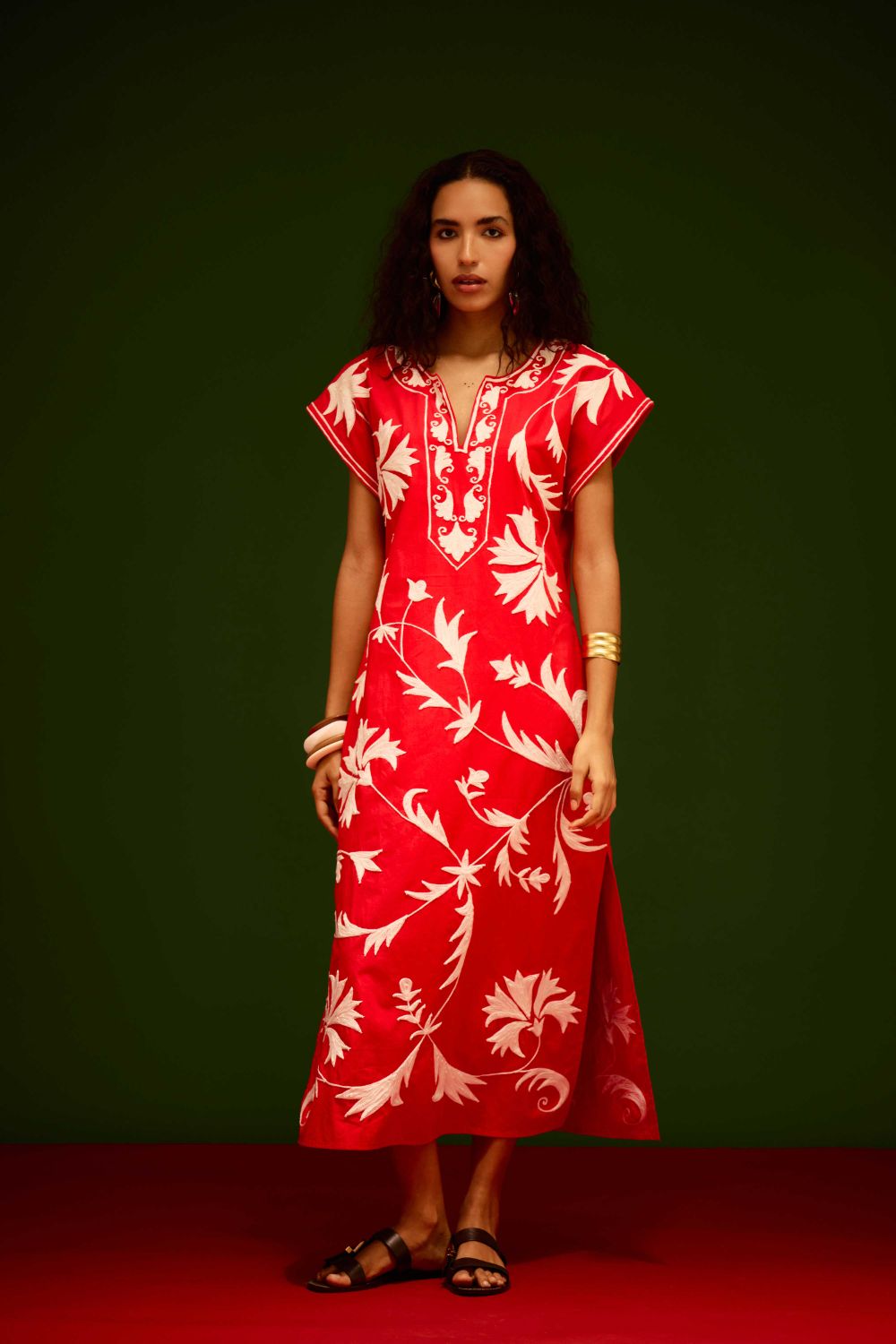 Scarlet Maxi Dress With Ivory Garden Thread Embroidery