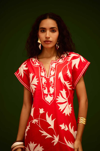 Scarlet Maxi Dress With Ivory Garden Thread Embroidery