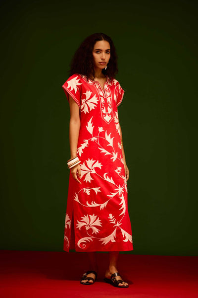 Scarlet Maxi Dress With Ivory Garden Thread Embroidery