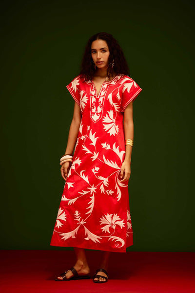 Scarlet Maxi Dress With Ivory Garden Thread Embroidery