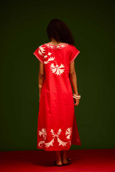 Scarlet Maxi Dress With Ivory Garden Thread Embroidery
