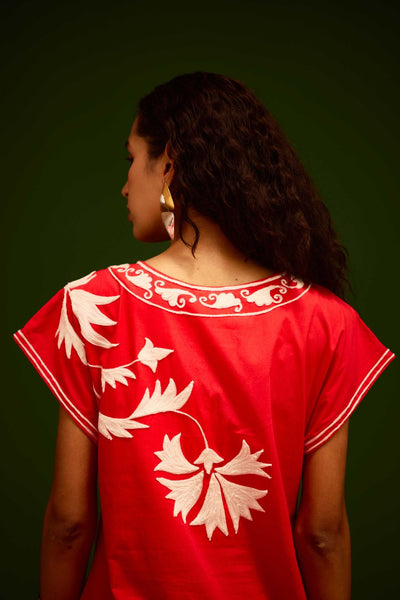 Scarlet Maxi Dress With Ivory Garden Thread Embroidery