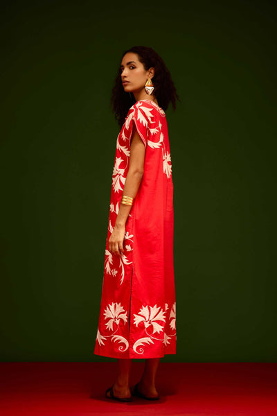 Scarlet Maxi Dress With Ivory Garden Thread Embroidery