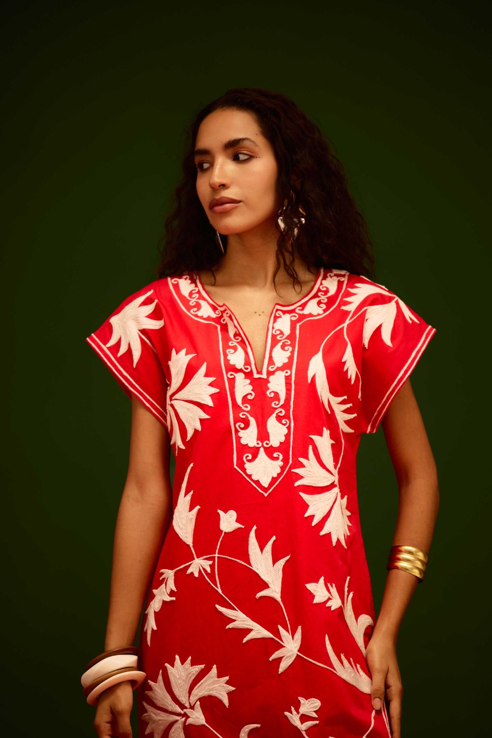 Scarlet Maxi Dress With Ivory Garden Thread Embroidery
