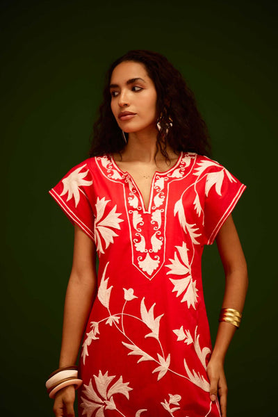 Scarlet Maxi Dress With Ivory Garden Thread Embroidery
