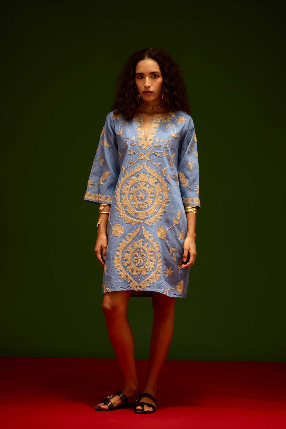 Denim Blue Dress With Natural Wave Thread Embroidery