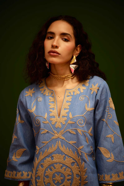 Denim Blue Dress With Natural Wave Thread Embroidery