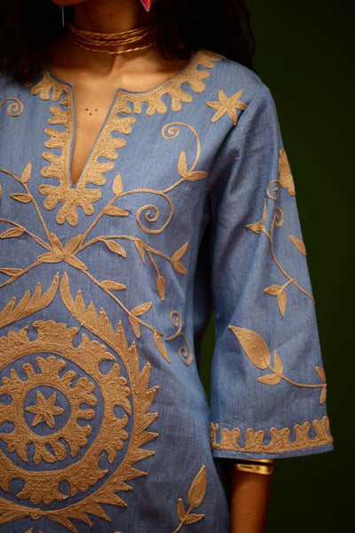Denim Blue Dress With Natural Wave Thread Embroidery