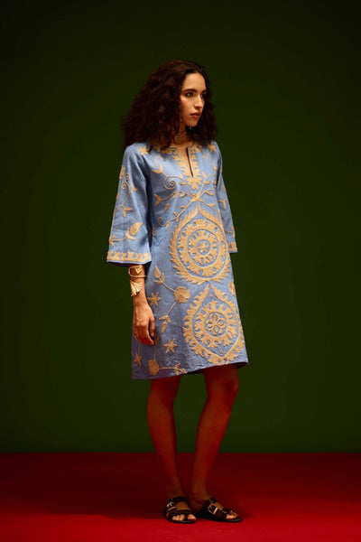 Denim Blue Dress With Natural Wave Thread Embroidery