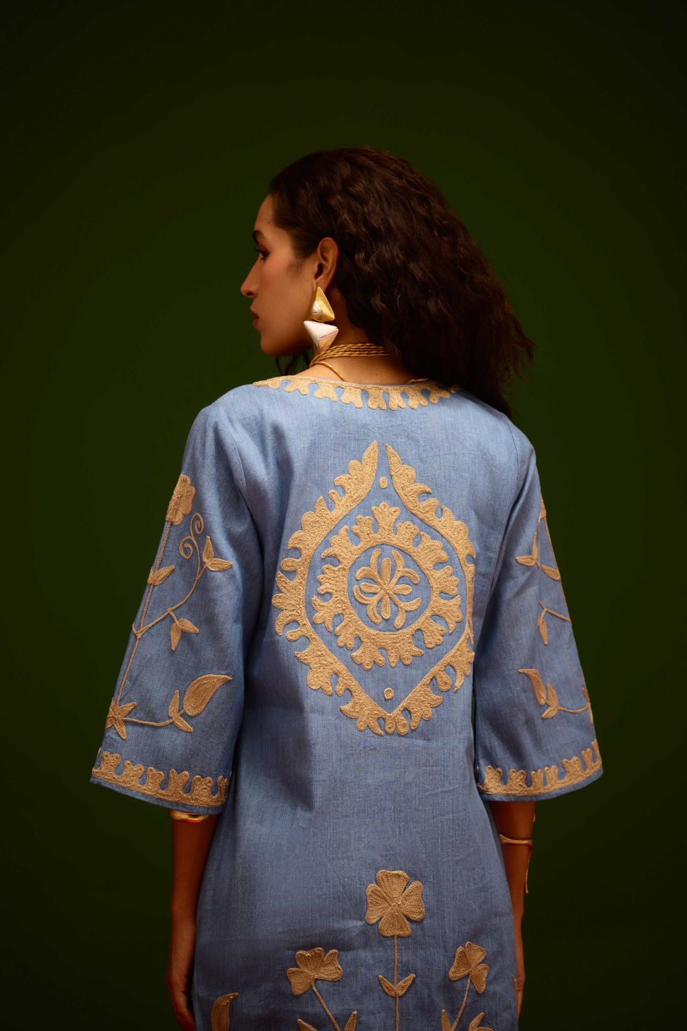 Denim Blue Dress With Natural Wave Thread Embroidery