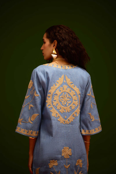Denim Blue Dress With Natural Wave Thread Embroidery
