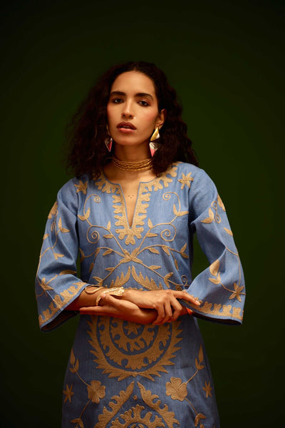 Denim Blue Dress With Natural Wave Thread Embroidery