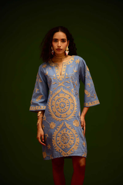 Denim Blue Dress With Natural Wave Thread Embroidery