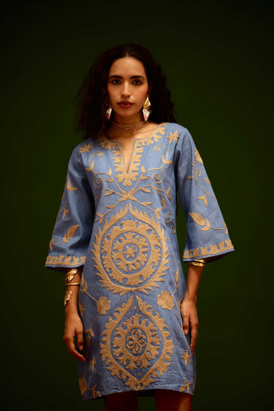 Denim Blue Dress With Natural Wave Thread Embroidery