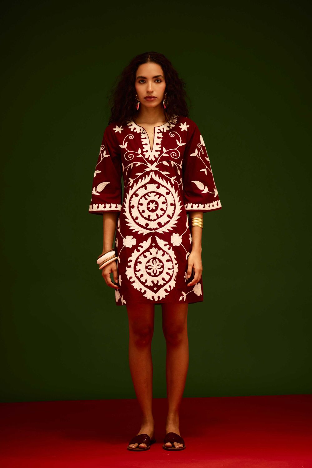 Burgundy Wine Cotton Dress With Ivory Wave Thread Embroidery
