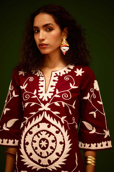 Burgundy Wine Cotton Dress With Ivory Wave Thread Embroidery