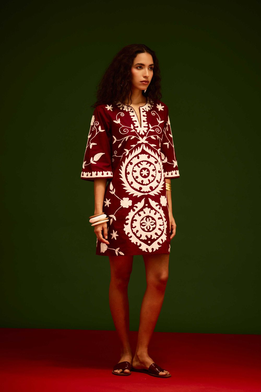 Burgundy Wine Cotton Dress With Ivory Wave Thread Embroidery