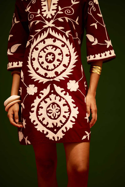 Burgundy Wine Cotton Dress With Ivory Wave Thread Embroidery