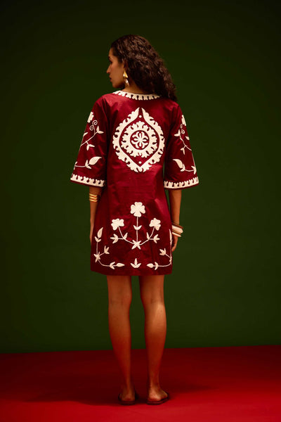 Burgundy Wine Cotton Dress With Ivory Wave Thread Embroidery