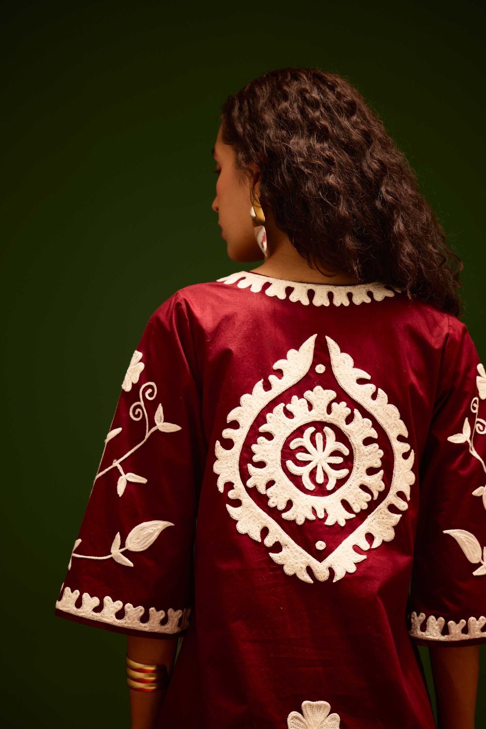 Burgundy Wine Cotton Dress With Ivory Wave Thread Embroidery