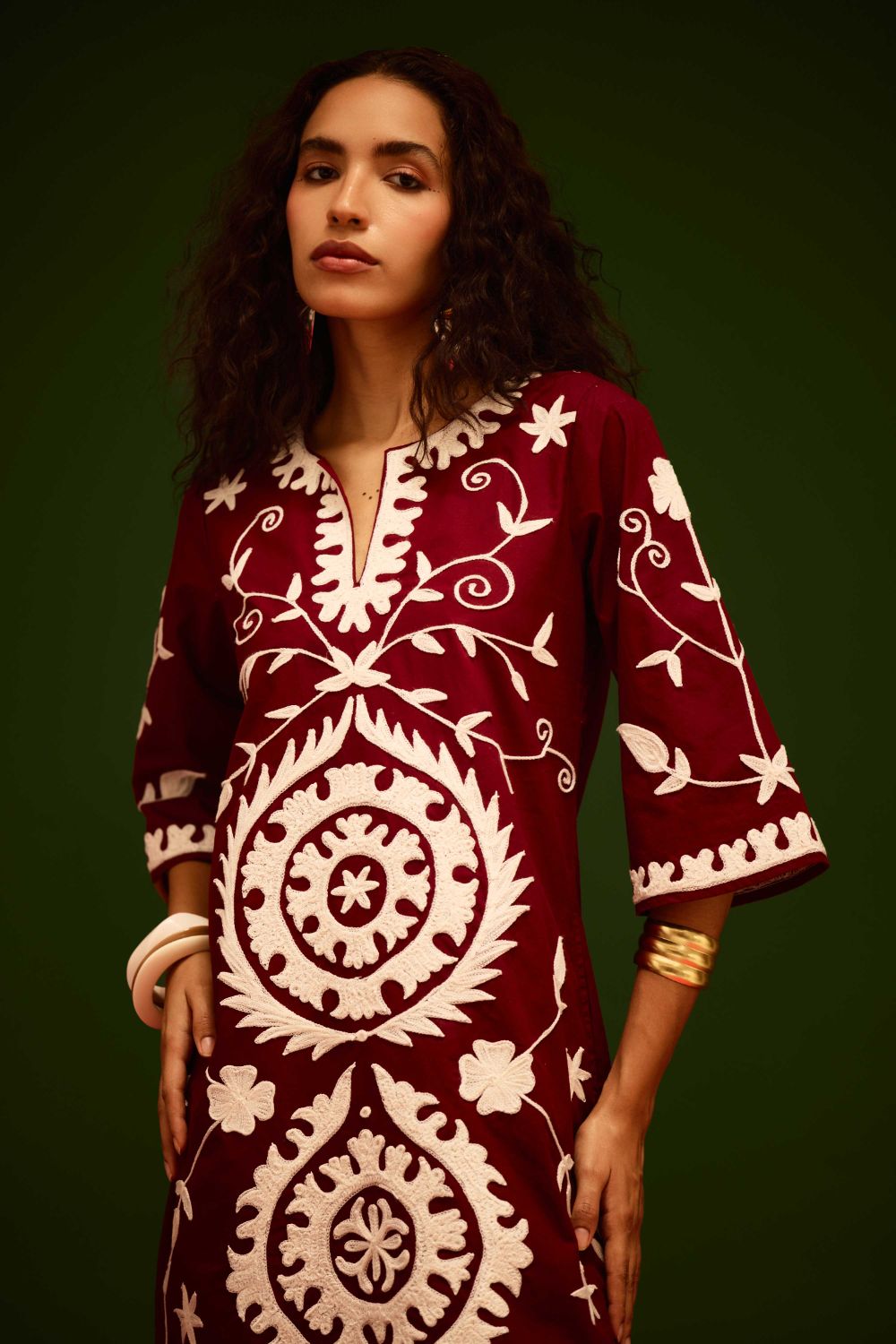 Burgundy Wine Cotton Dress With Ivory Wave Thread Embroidery