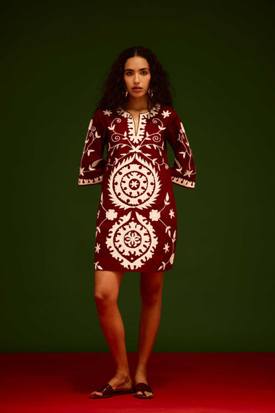 Burgundy Wine Cotton Dress With Ivory Wave Thread Embroidery