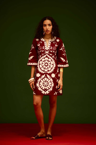 Burgundy Wine Cotton Dress With Ivory Wave Thread Embroidery