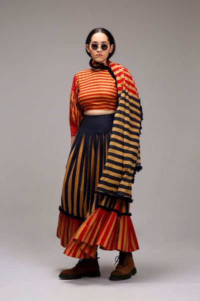 Tan-Brown Blue Red Dual Striped Skirt
