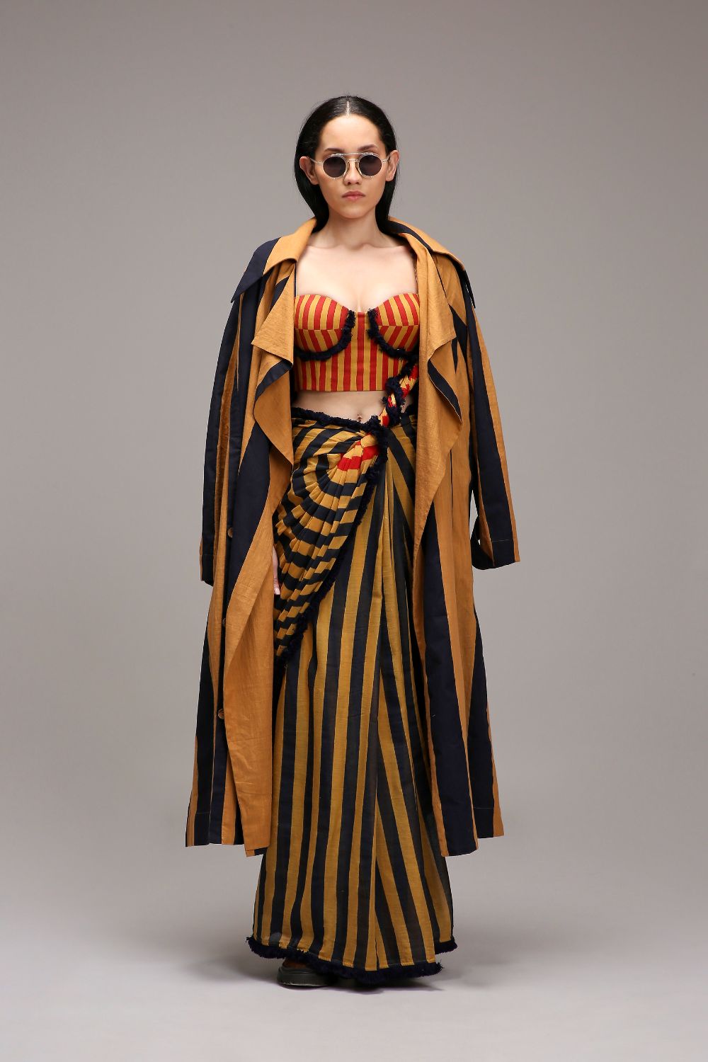 Tan-Brown Blue Red Dual Striped Saree