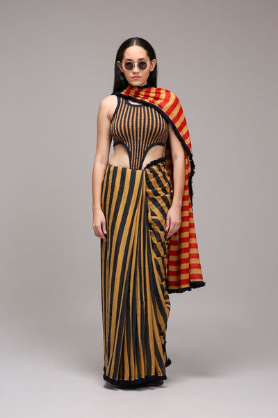 Tan-Brown Blue Red Dual Striped Saree