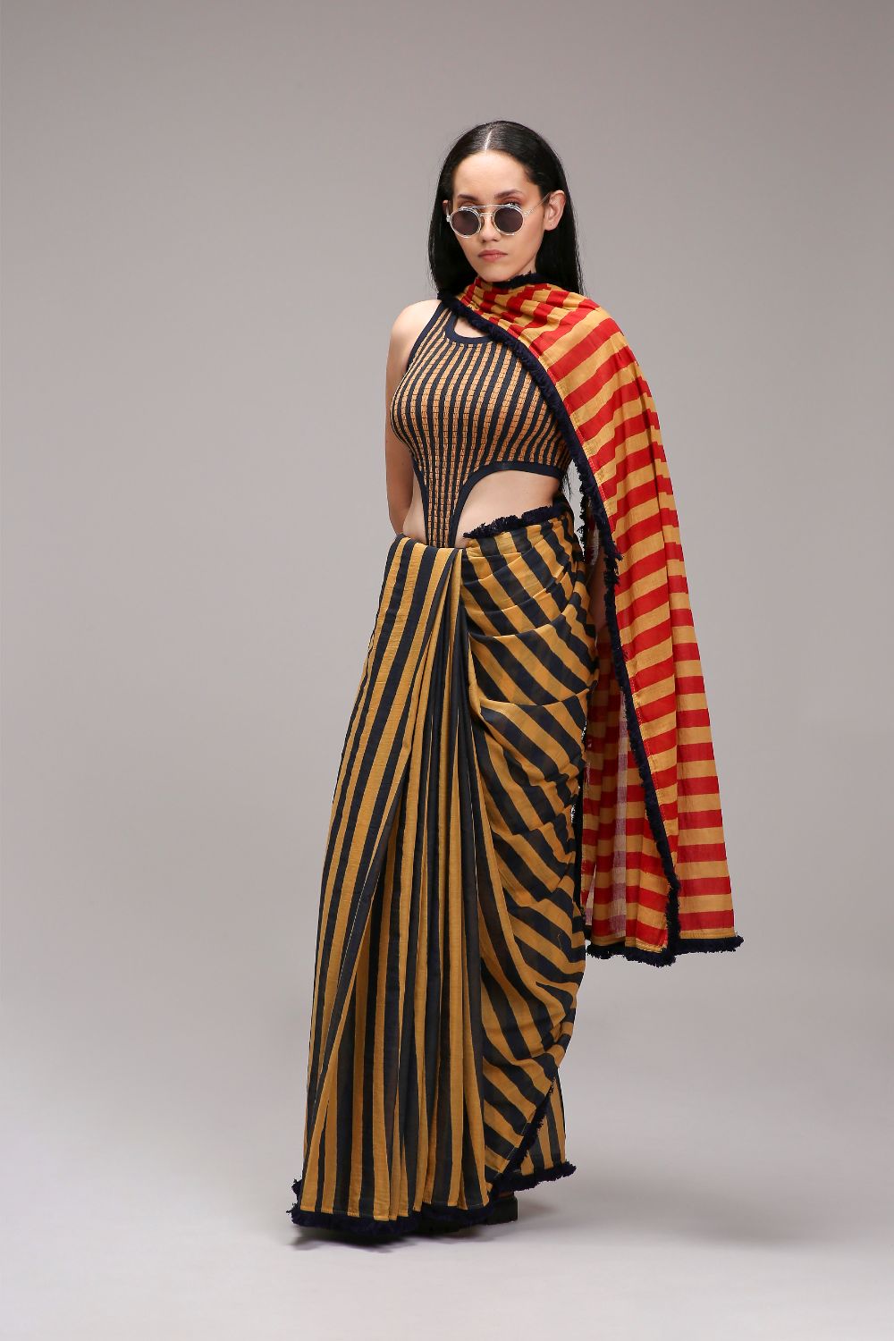 Tan-Brown Blue Red Dual Striped Saree