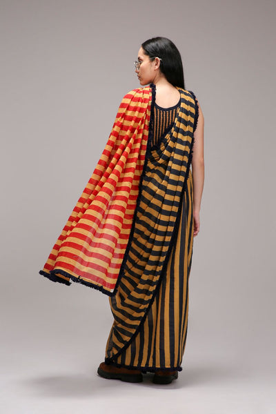 Tan-Brown Blue Red Dual Striped Saree