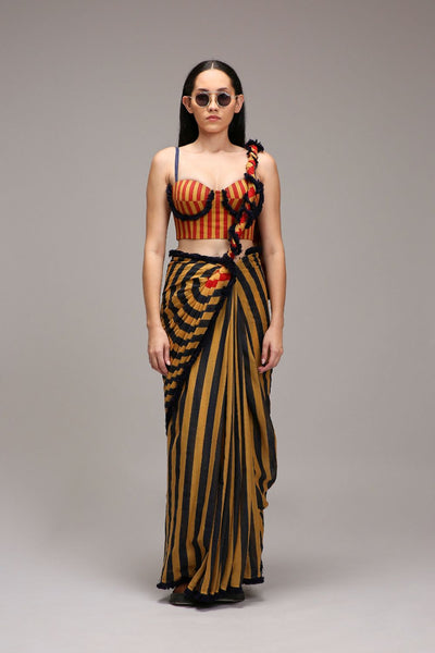 Tan-Brown Blue Red Dual Striped Saree