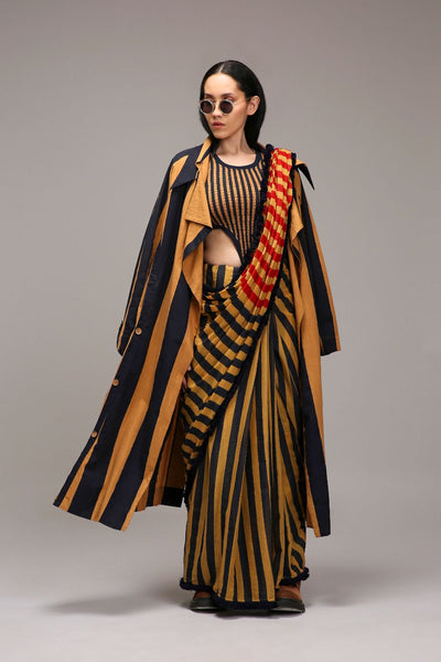 Tan-Brown Blue Red Dual Striped Saree