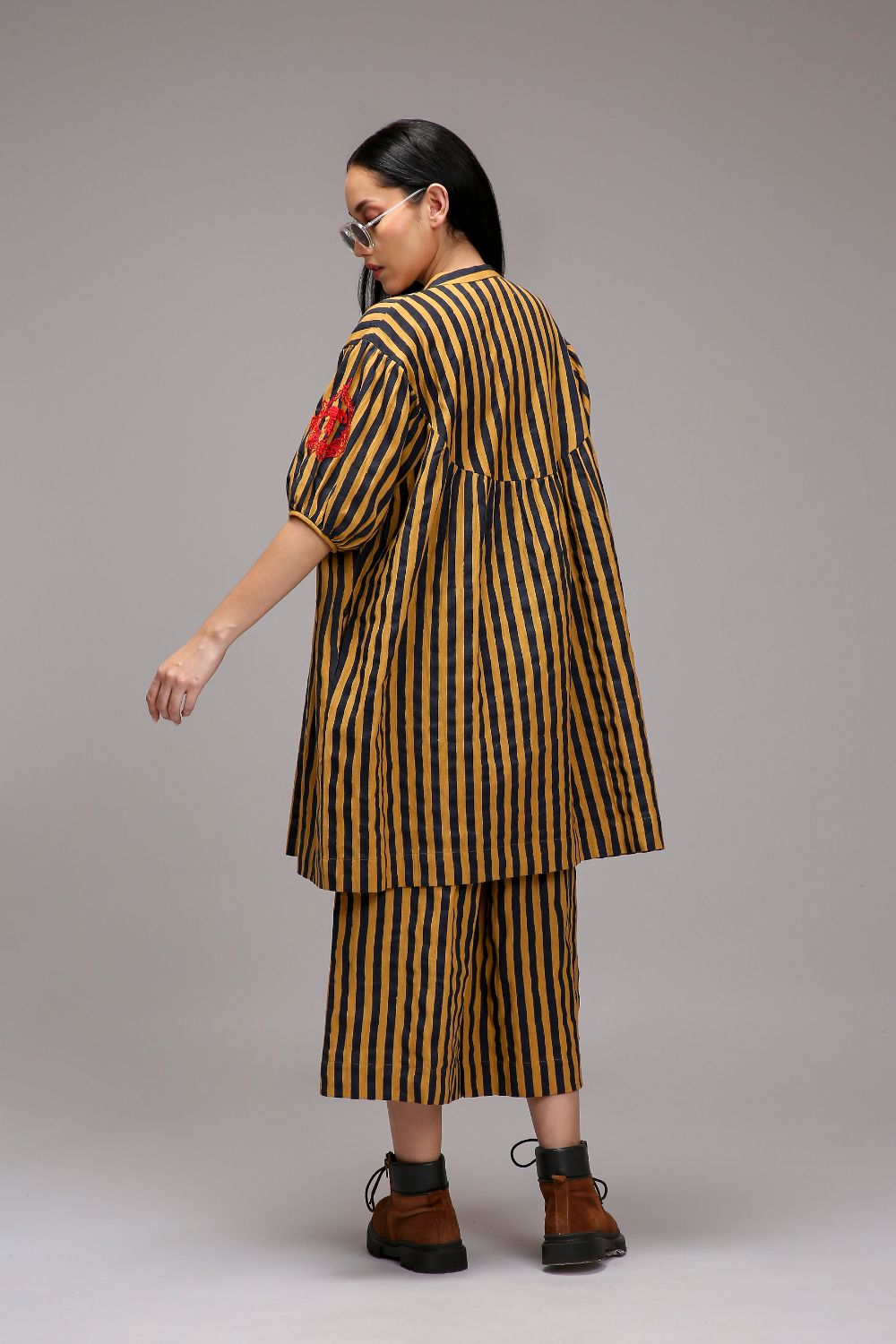 Tan-Brown Blue Striped Capre Pants