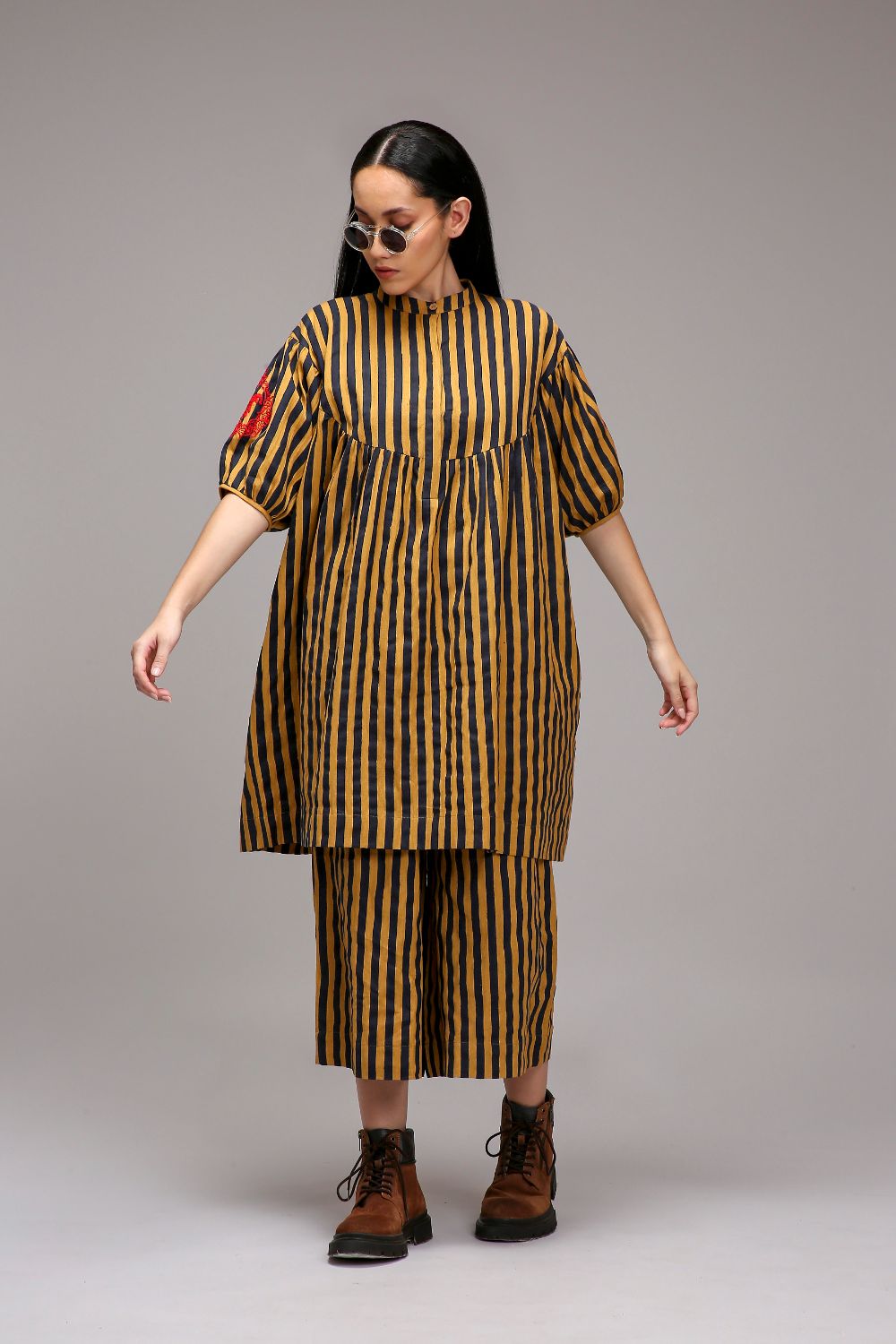 Tan-Brown Blue Striped Short Acra Tunic