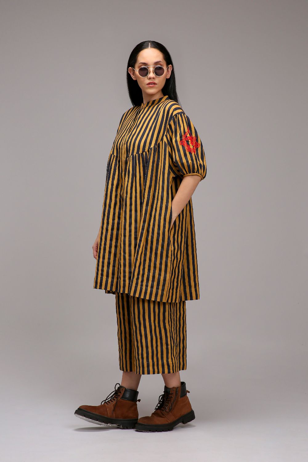 Tan-Brown Blue Striped Short Acra Tunic