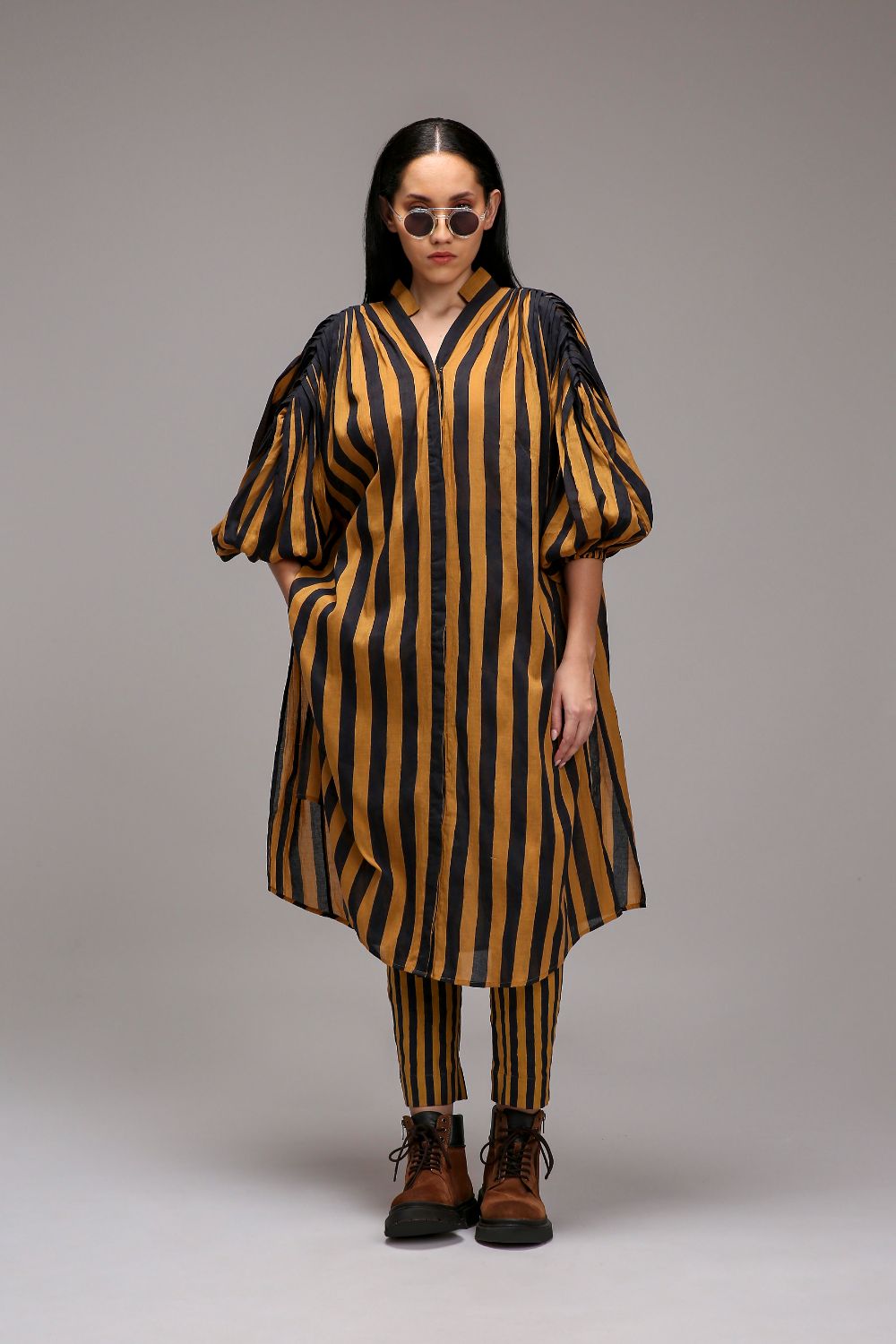 Tan-Brown Blue Striped Baha Tunic Set (2 PCS)