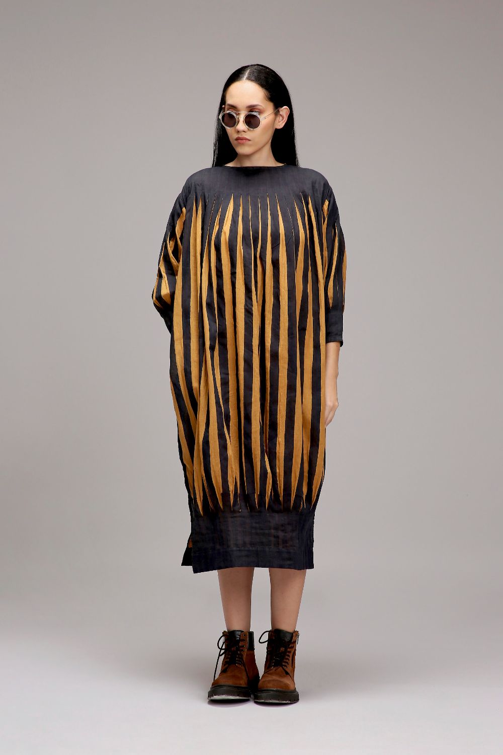 Tan-Brown Blue Striped Balloon Dress