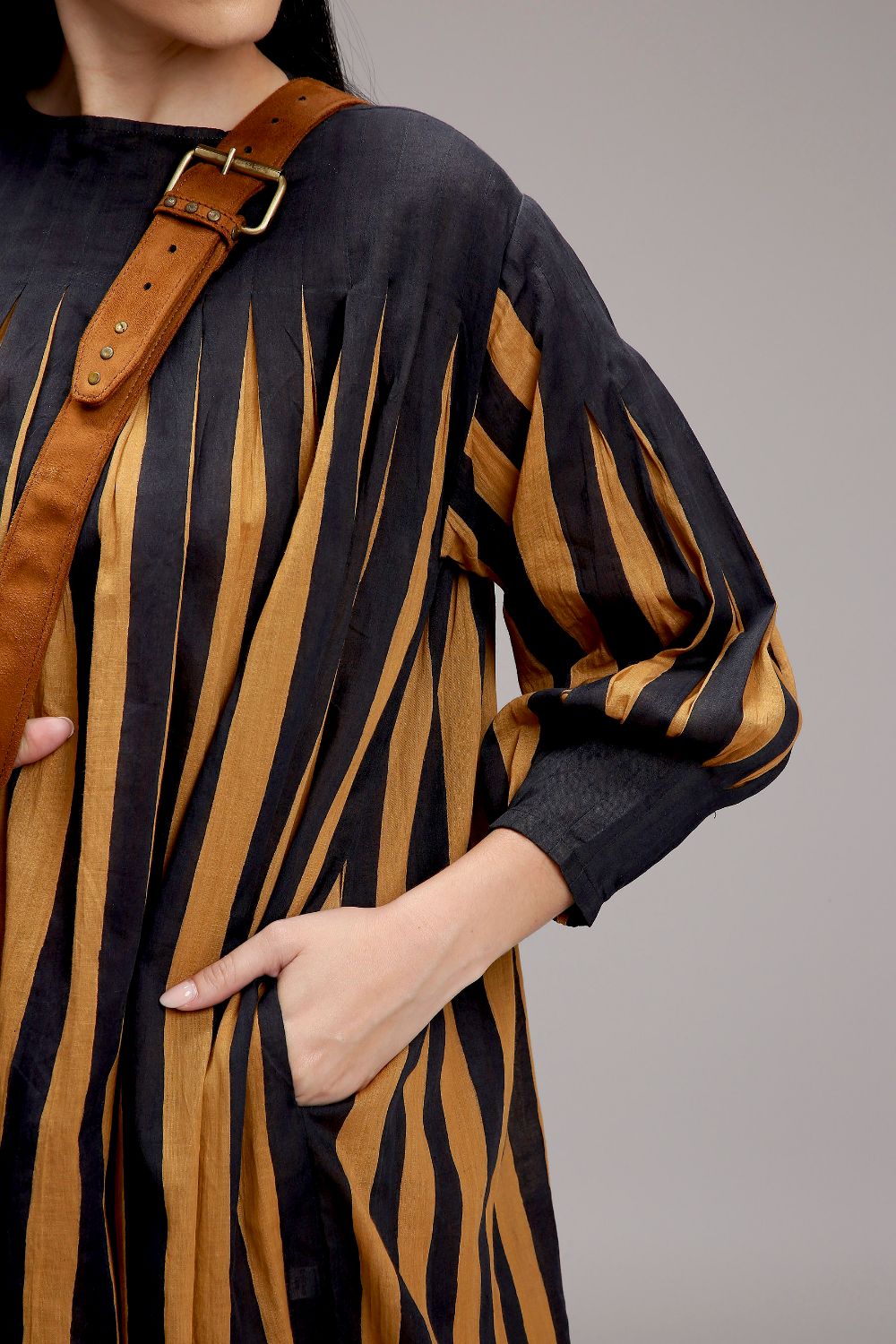 Tan-Brown Blue Striped Balloon Dress